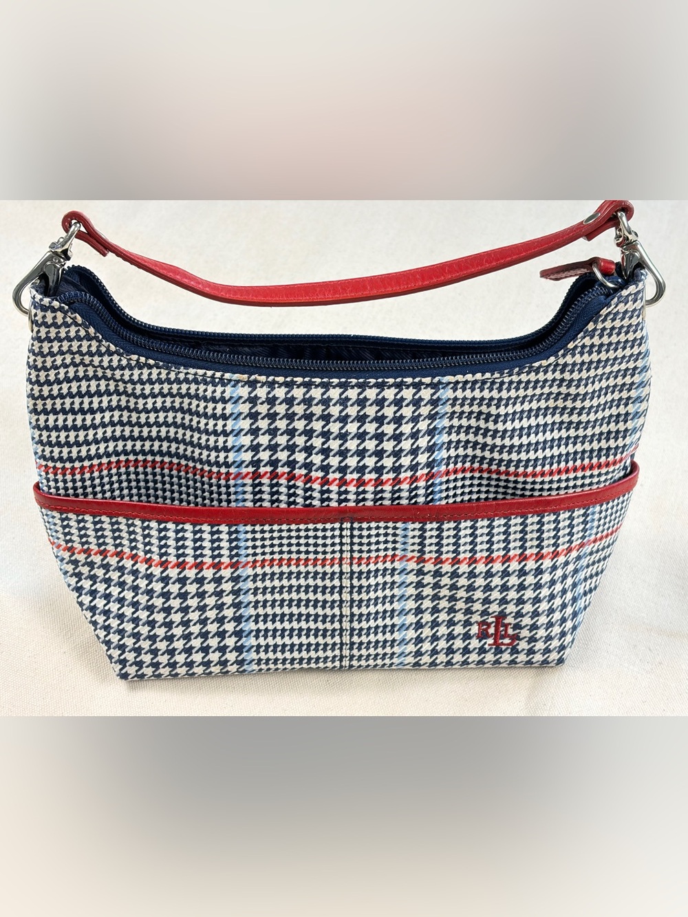 Ralph Lauren Blue Houndstooth Shoulder Bag with Red Trim